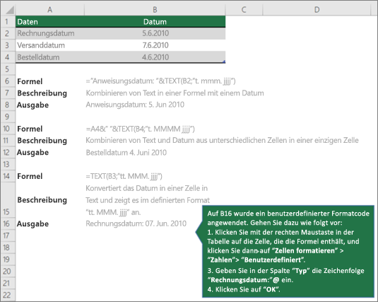 Beispiele, um zu zeigen, wie Formeln Text mit Datums- und Uhrzeitwerten kombinieren können