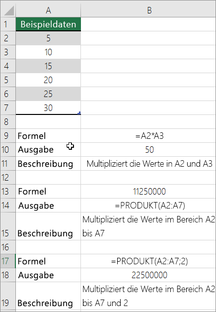 Multiplizieren von Zahlen mit der Funktion PRODUKT
