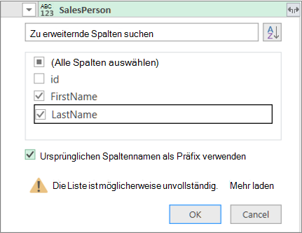 Erweitern des Datensatzes in die Tabelle