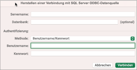 Das Dialogfeld SQL Server zum Eingeben von Server, Datenbank und Anmeldeinformationen