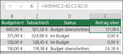Formel in Zelle E2 ist =WENN(C2>B2;C2-B2;)