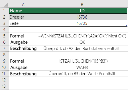 Beispiele für IF, ISNUMBER und SEARCH