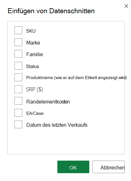 Screenshot der Optionen zum Einfügen von Datenschnitten.
