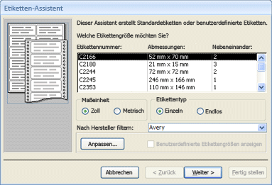 Erste Seite des Etiketten-Assistenten
