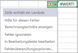 Fehlermeldung und Dropdownliste für den Lambda-Fehler