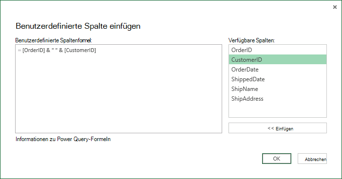 Angeben einer benutzerdefinierten Spaltenformel, um Spaltenwerte zusammenzuführen