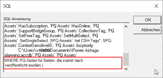 SQL-Ansicht von MS Query mit Schwerpunkt auf der WHERE-Klausel