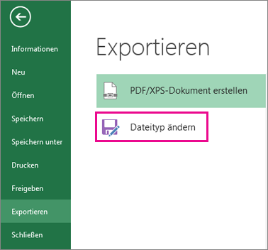 'Dateityp ändern' auf der Registerkarte 'Exportieren'