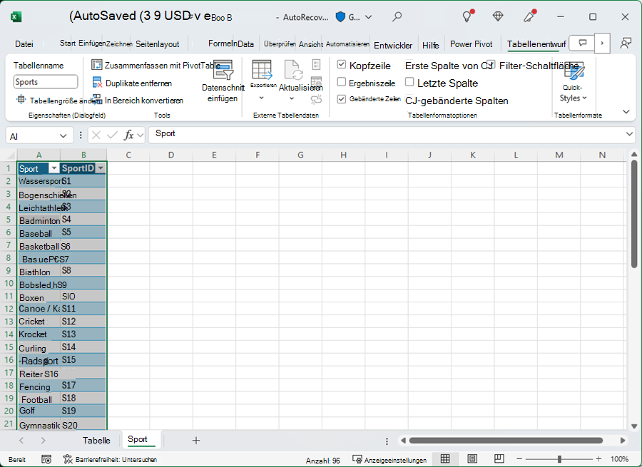 Eine Tabelle in Excel benennen