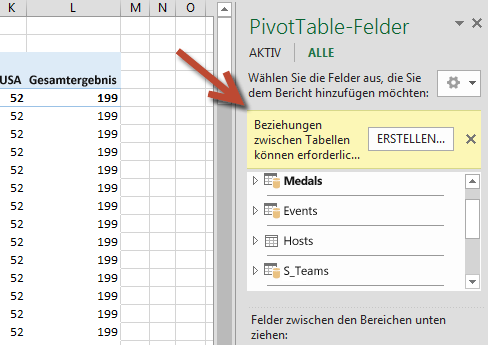 Die Eingabeaufforderung zum ERSTELLEN... einer Beziehung in 'PivotTable-Felder'
