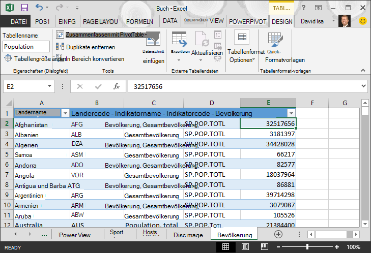 In Excel übernommene Bevölkerungsdaten