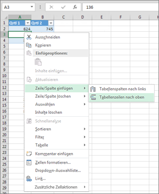 Tabellenzeilen oberhalb einfügen