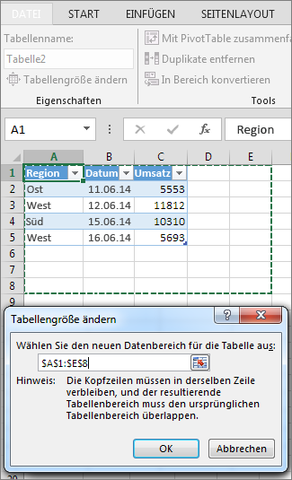 Tabellengröße ändern