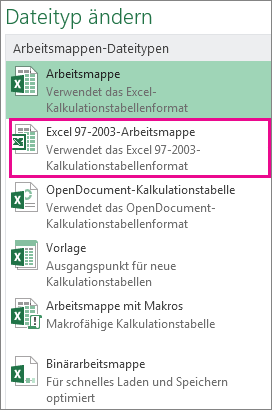 Format 'Excel 97-2003-Arbeitsmappe'
