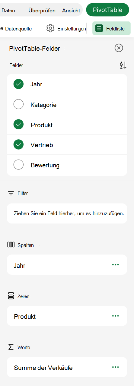 PivotTable-Feldliste auf dem iPad.