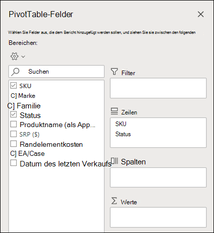 PivotTable-Felder in Excel für das Web