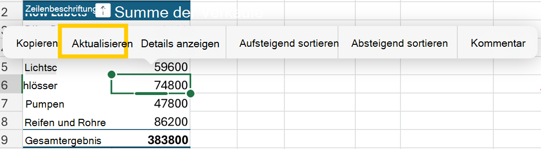 Aktualisieren Sie die PivotTable über das Kontextmenü auf dem iPad.