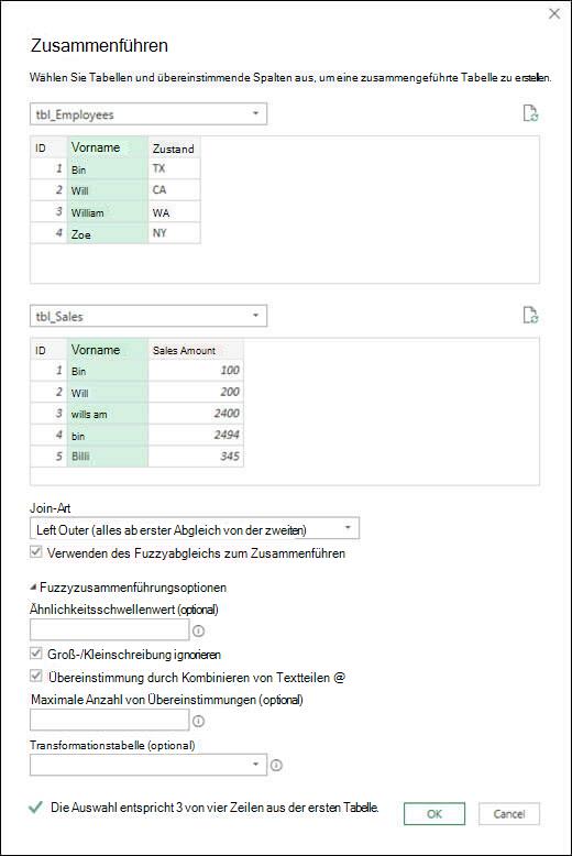 Power Query Fuzzy-Zusammenführungsoptionen
