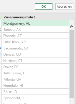 Power Query: Zusammenführen einer Spalte aus einem Beispiel, Ergebnis der zusammengeführten Daten