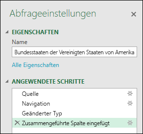 Power Query: Zusammenführen einer Spalte aus einem Beispiel, Fenster mit angewendeten Schritten