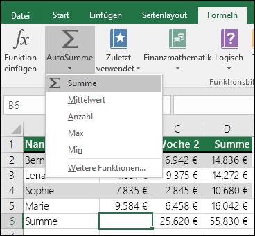 Sie können den AutoSumme-Assistenten verwenden, um automatisch eine Summenformel zu erstellen. Wählen Sie einen Bereich oberhalb/unterhalb oder links/rechts des bereichs aus, der summiert werden soll, wechseln Sie im Menüband zur Registerkarte Formel, und wählen Sie dann AutoSumme & SUMME aus.