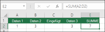 Im Beispiel ist die automatische Erweiterung der SUMME-Formel von =SUMME(A2:C2) zu =SUMME(A2:D2) dargestellt, nachdem eine Spalte eingefügt wurde.