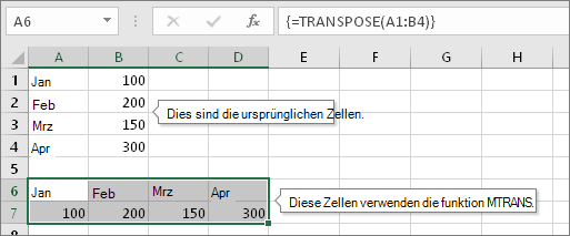 Ursprüngliche Zellen oben, Zellen mit MTRANS-Funktion unten
