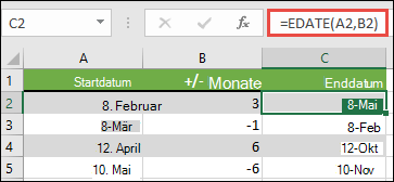 Verwenden Sie EDATUM, um Monate zu einem Datum zu addieren oder davon zu subtrahieren. In diesem Fall =EDATE(A2,B2), wobei A2 ein Datum ist und B2 die Anzahl der hinzuzufügenden oder subtrahierten Monate aufweist.