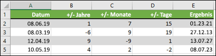 Verwenden Sie die DATE-Funktion, um Jahre, Monate oder Tage zu bzw. von einem Datum hinzuzufügen oder zu subtrahieren.
