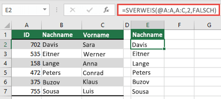 Verwenden Sie den @-Operator, und kopieren Sie die Werte nach unten: =SVERWEIS(@A:A;A:C;2;FALSCH). Diese Art des Verweises funktioniert in Tabellen, aber gibt kein dynamisches Array zurück.