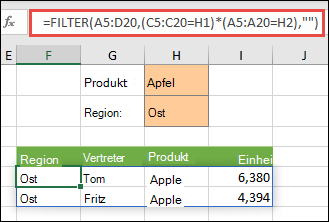 Verwendung von FILTER mit dem Multiplikationsoperator (*): Gibt alle Werte im Arraybereich (A5:D20) zurück, die 