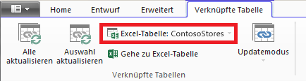 Registerkarte 'Verknüpfte Tabelle' auf der eine Excel-Tabelle angegeben ist