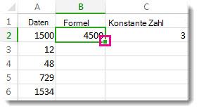 Quadratisches grünes Feld in der unteren rechten Ecke von Zelle B2