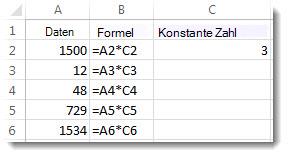 Daten in Spalte A, Formeln in Spalte B und die Zahl 3 in Zelle C2