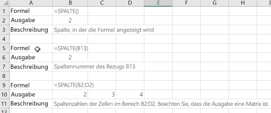 Beispiele für die Funktion SPALTE