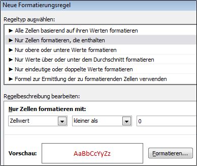 Regel für eine bedingte Formatierung, mit der Zahlen unter null in Rot angezeigt werden