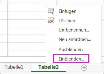 Klicken Sie mit der rechten Maustaste auf ein Blattregister, um auf ausgeblendete Arbeitsblätter zu prüfen.