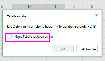 Dialogfeld für das Konvertieren eines Datenbereichs in eine Tabelle