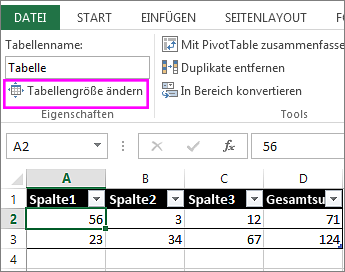 Verwenden der Option 'Tabellengröße ändern' unter 'Tabellentools'