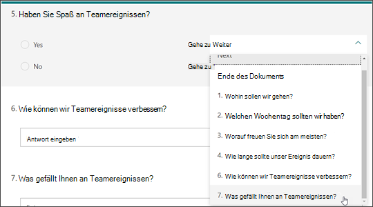 Erstellen von Branches zu anderen Fragen basierend auf der Antwort einer anderen Frage