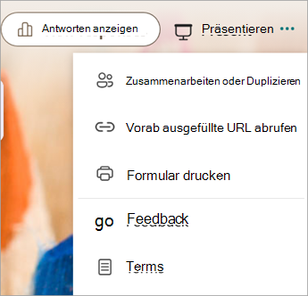 Wählen Sie weitere Formulareinstellungen aus, um Zusammenarbeiten oder Duplizieren anzuzeigen.