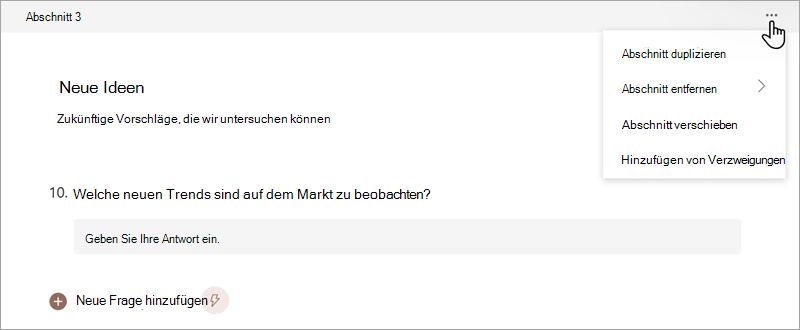 Screenshot: Organisieren von Abschnitten in einem Formular oder Quiz in Microsoft Forms