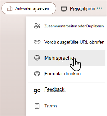Screenshot: Mehrsprachiges Feature zum Hinzufügen von Sprachen zu einem Microsoft-Formular oder -Quiz