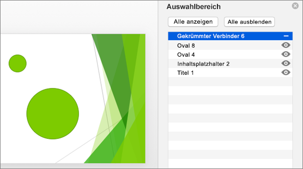 Zeigt die Funktion zum Ausblenden im Auswahlbereich von Office 2016 für Macs an.