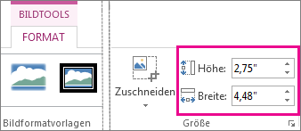Die Felder 'Höhe' und Breite' auf der Registerkarte 'Format' unter 'Bildtools'