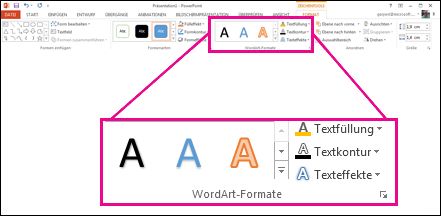 Befehle unter 'Wordart-Formate' im Menüband