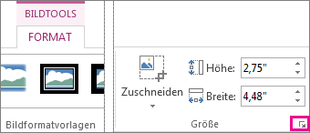 Startprogramm des Dialogfelds in der Gruppe 'Größe' auf der Registerkarte 'Format' unter 'Bildtools'