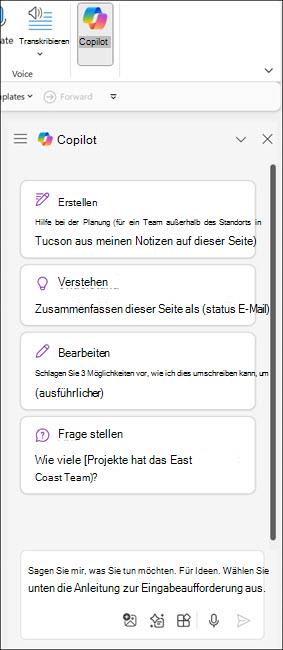 Screenshot des Copilot-Bereichs in OneNote