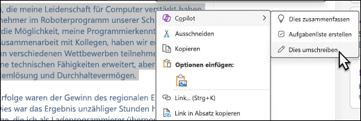 In OneNote markierter Text. Das Kontextmenü wird angezeigt, wobei Copilot ausgewählt ist und im Untermenü die Option Umschreiben ausgewählt ist.