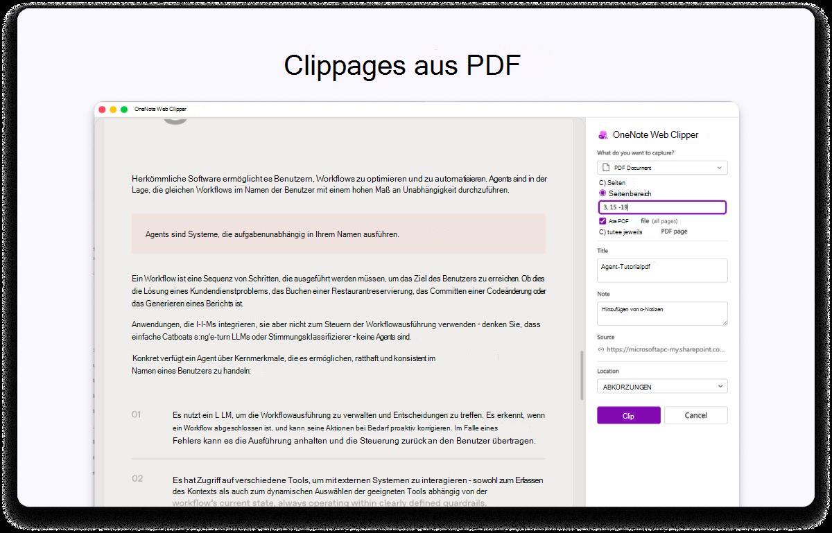 Screenshot einer PDF-Seite mit einem seitenseitigen Bereich für Einstellungen. Der Text oben besagt, dass Seiten aus einer PDF-Datei ausgeschnitten werden sollen.